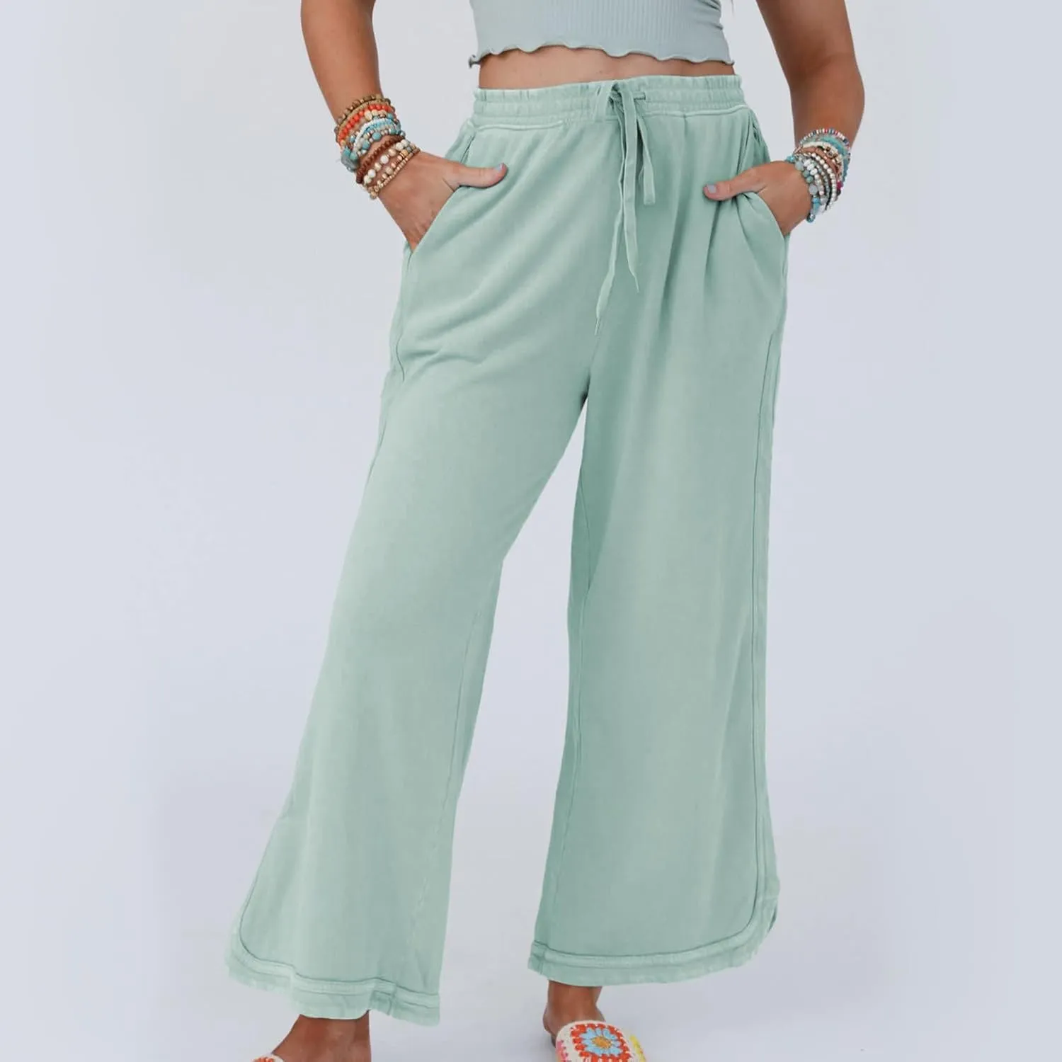 Hixiaohe Women's Casual Wide Leg Sweatpants High Waist Baggy Acid Wash Pants Drawstring Athletic Palazzo Pants with Pockets