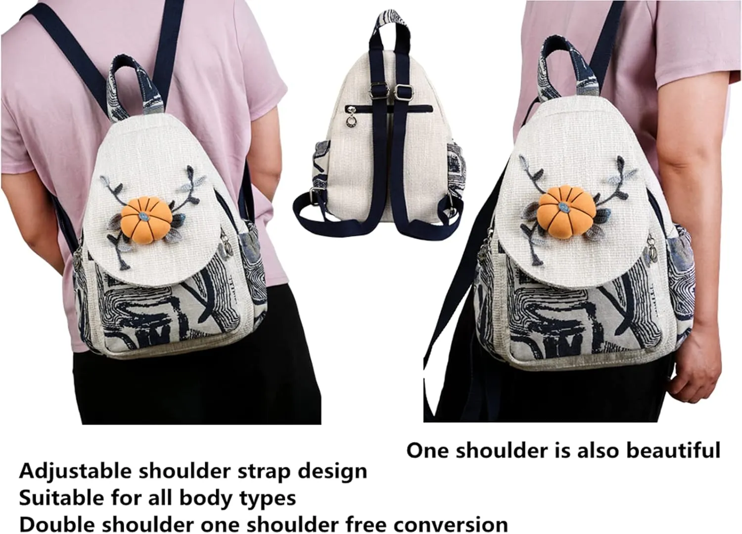HUANGGUOSHU Boho and Hippie Small Canvas Backpack Purse for Women - Convertible Sling Bag, Embroidered and Woven Tapestry Patterns Pumpkin