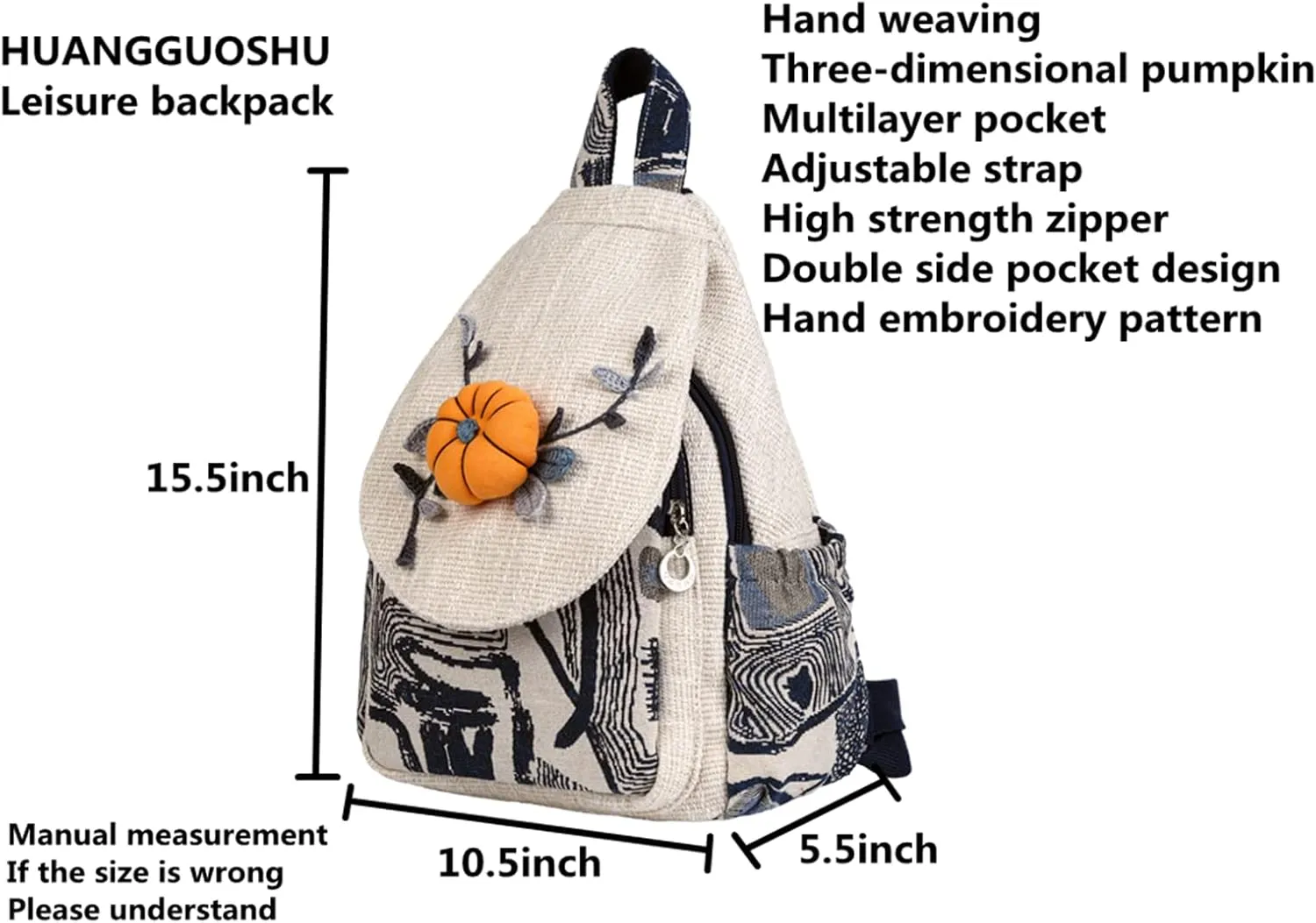 HUANGGUOSHU Boho and Hippie Small Canvas Backpack Purse for Women - Convertible Sling Bag, Embroidered and Woven Tapestry Patterns Pumpkin