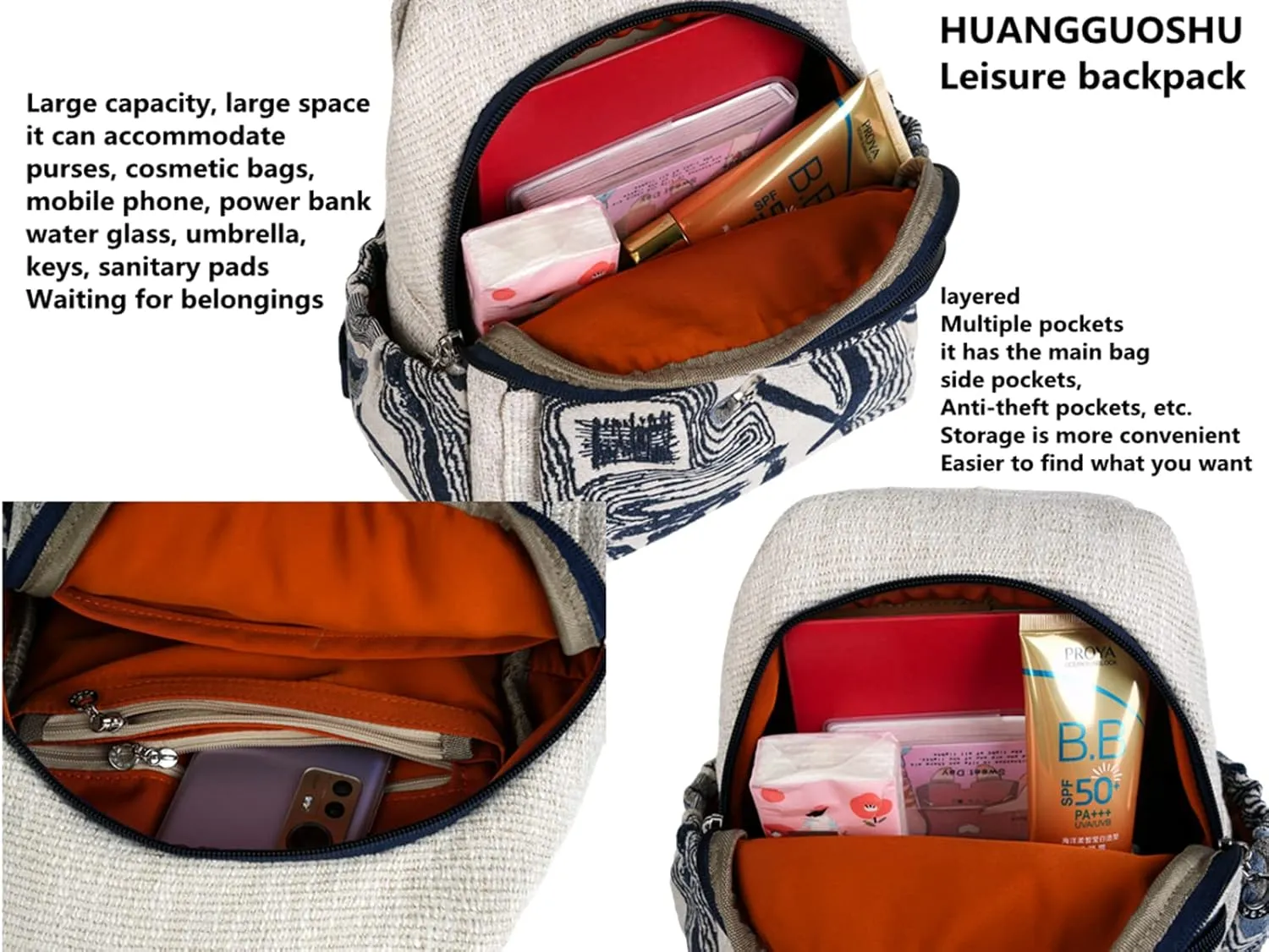 HUANGGUOSHU Boho and Hippie Small Canvas Backpack Purse for Women - Convertible Sling Bag, Embroidered and Woven Tapestry Patterns Pumpkin
