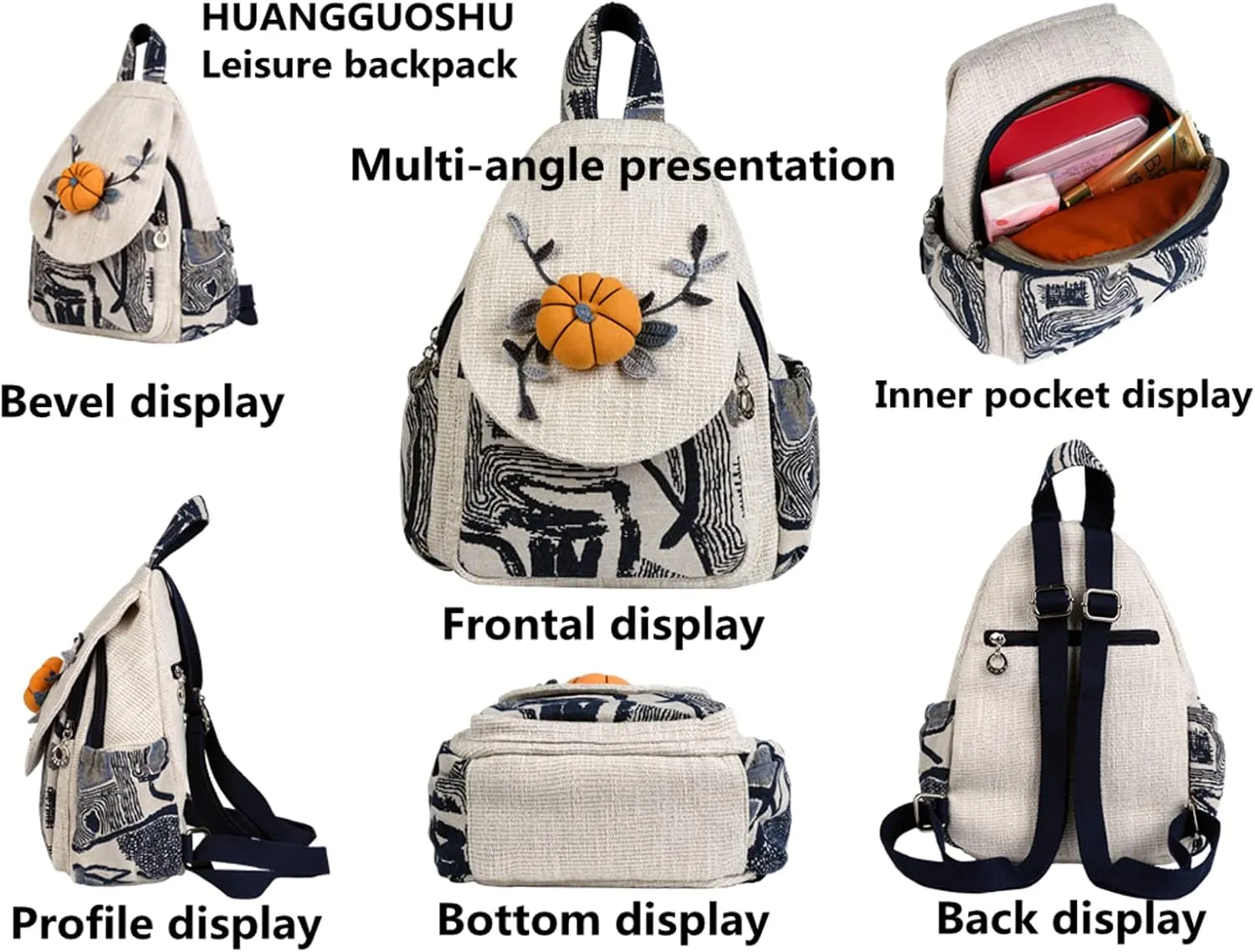 HUANGGUOSHU Boho and Hippie Small Canvas Backpack Purse for Women - Convertible Sling Bag, Embroidered and Woven Tapestry Patterns Pumpkin