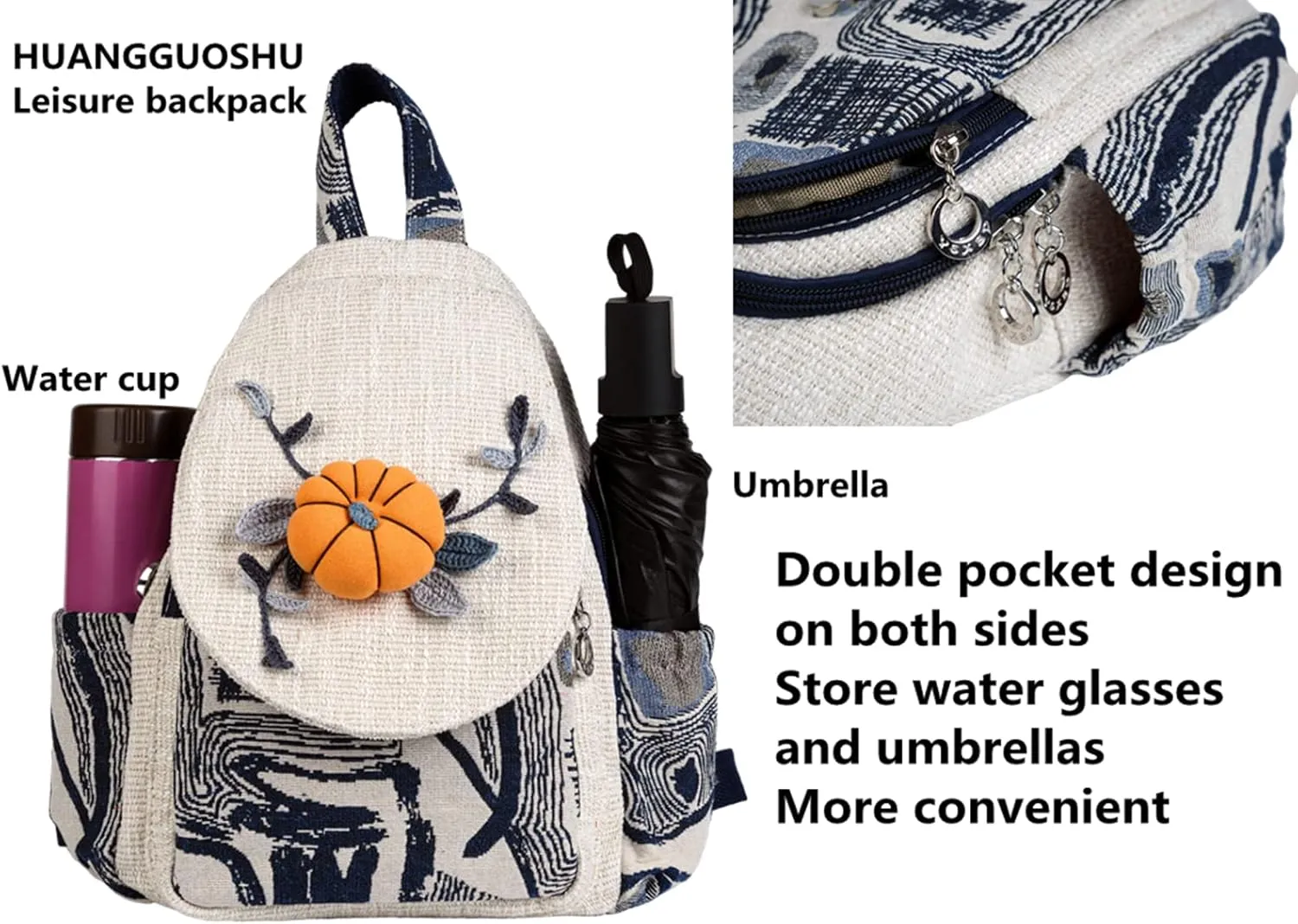 HUANGGUOSHU Boho and Hippie Small Canvas Backpack Purse for Women - Convertible Sling Bag, Embroidered and Woven Tapestry Patterns Pumpkin