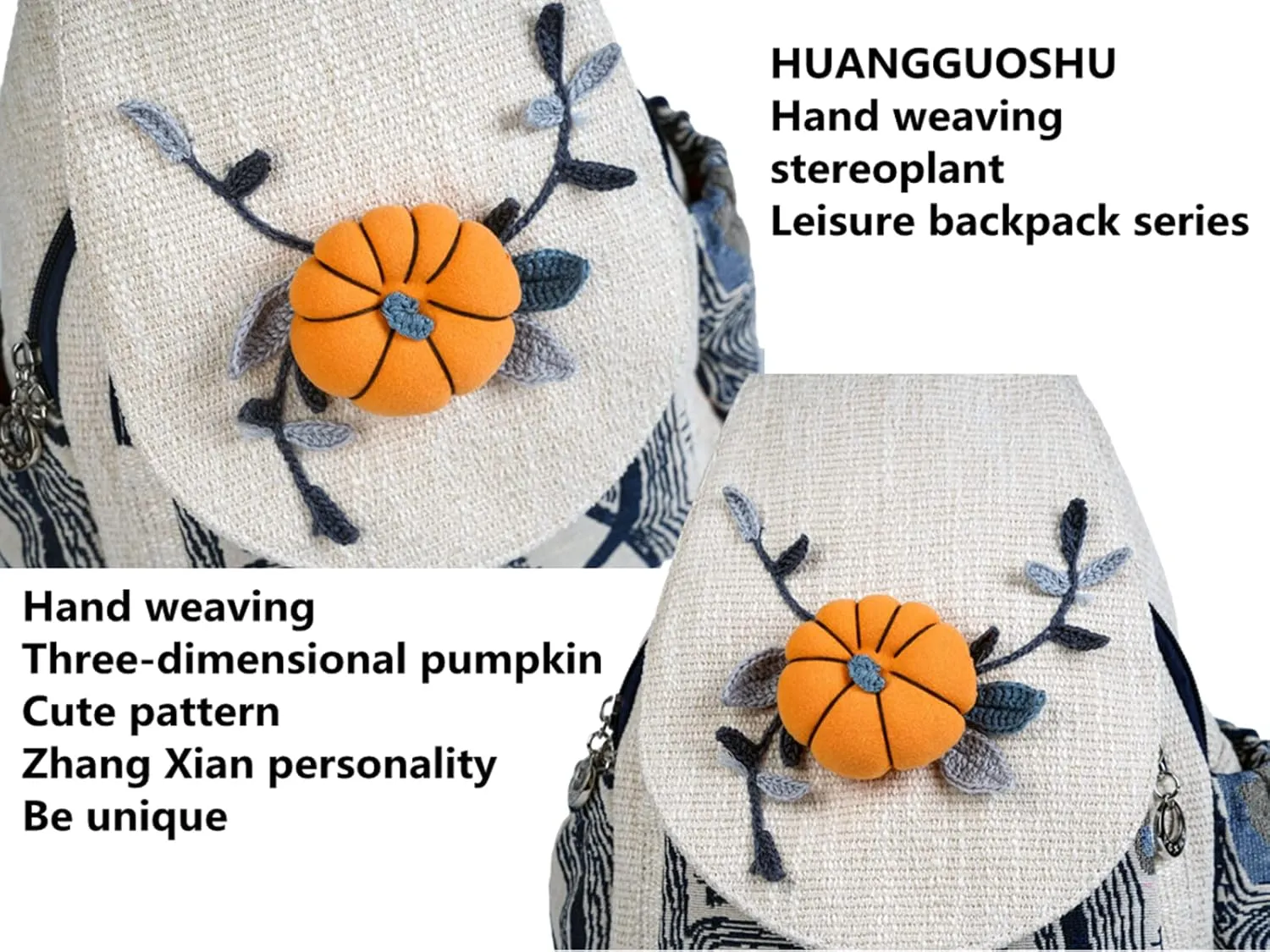 HUANGGUOSHU Boho and Hippie Small Canvas Backpack Purse for Women - Convertible Sling Bag, Embroidered and Woven Tapestry Patterns Pumpkin