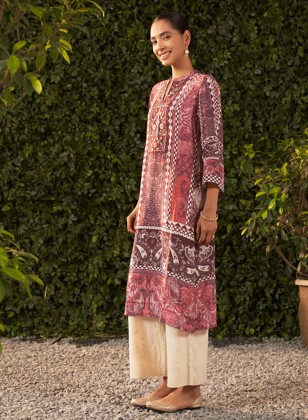 Ira Burgundy Printed Shantoon Kurta for Women