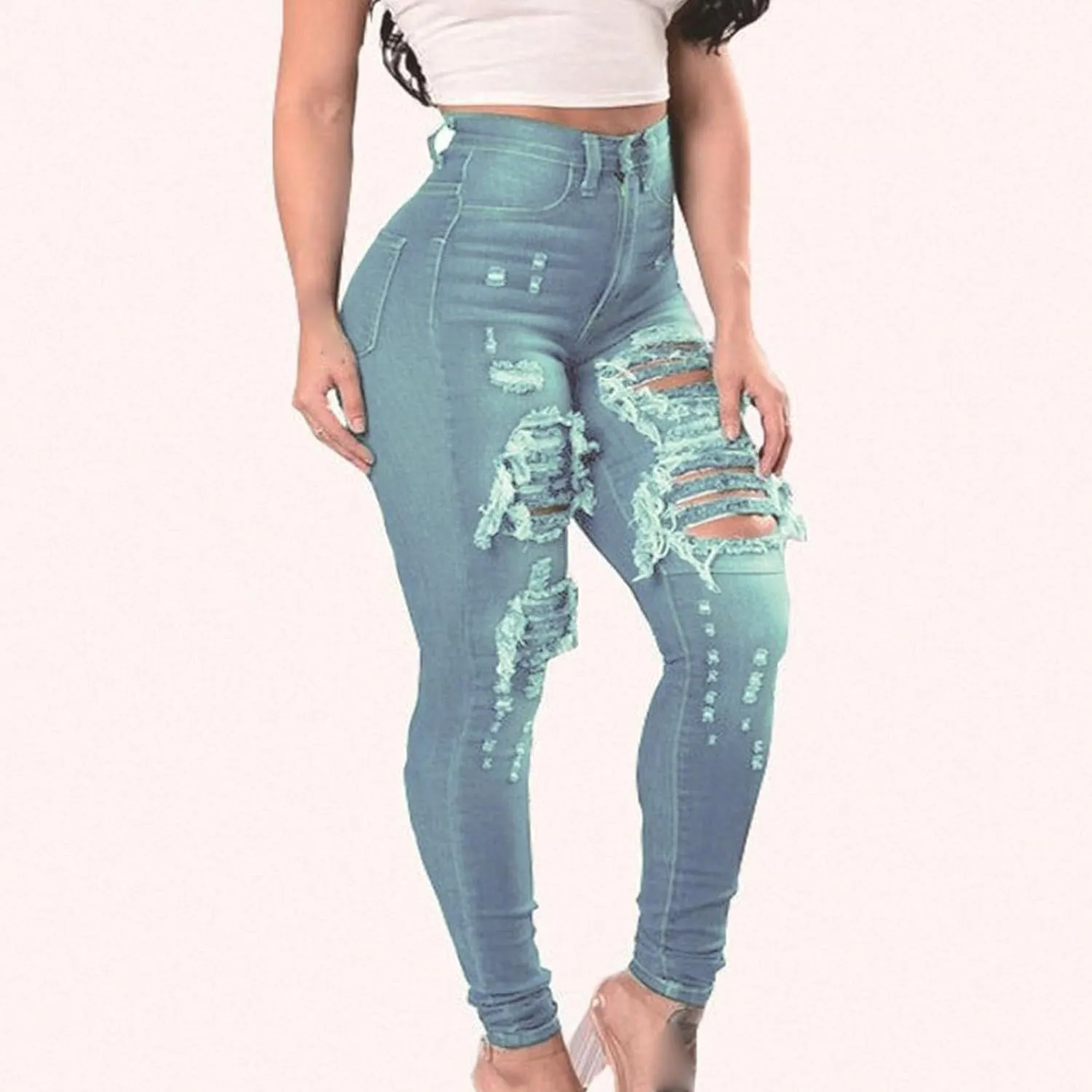 JEKE-DG Women's High Waist Ripped Ankle Jeans Distressed Butt Lifting Denim Stretch Slim Skinny Trousers