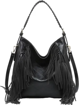 JEN & CO. Sav Distressed Hobo with Fringe Detail, Vegan Leather Crossbody Handbag Purse