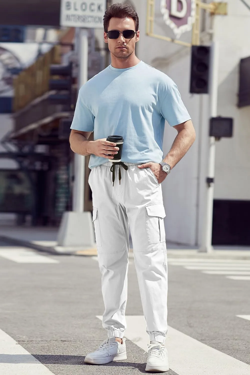JMIERR Mens Fashion Cargo Pants - Casual Cotton Tapered Stretch Twill Drawstring Athletic Joggers Sweatpants with 6 Pockets