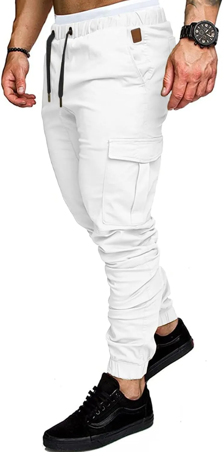 JMIERR Mens Fashion Cargo Pants - Casual Cotton Tapered Stretch Twill Drawstring Athletic Joggers Sweatpants with 6 Pockets