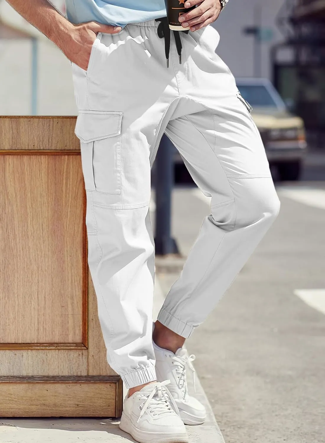 JMIERR Mens Fashion Cargo Pants - Casual Cotton Tapered Stretch Twill Drawstring Athletic Joggers Sweatpants with 6 Pockets