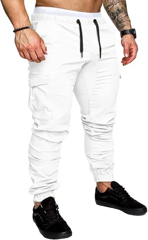 JMIERR Mens Fashion Cargo Pants - Casual Cotton Tapered Stretch Twill Drawstring Athletic Joggers Sweatpants with 6 Pockets