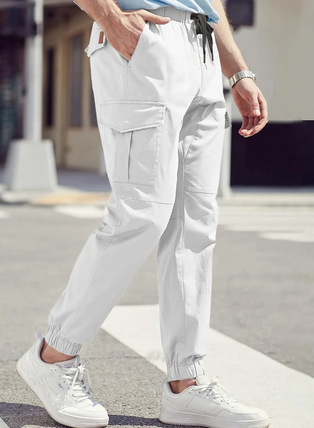 JMIERR Mens Fashion Cargo Pants - Casual Cotton Tapered Stretch Twill Drawstring Athletic Joggers Sweatpants with 6 Pockets