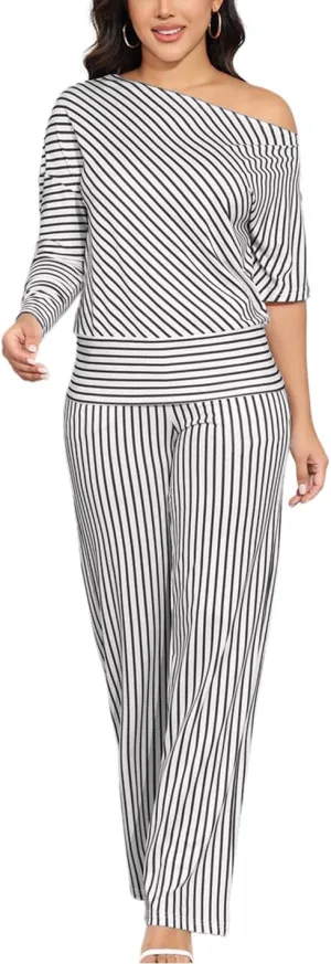 JTNFairy Two Piece Sets for Women 2025 Summer Plus Size Off-Shoulder Sexy 3/4 Sleeve Wide Leg Pants Vacation Travel Outfits