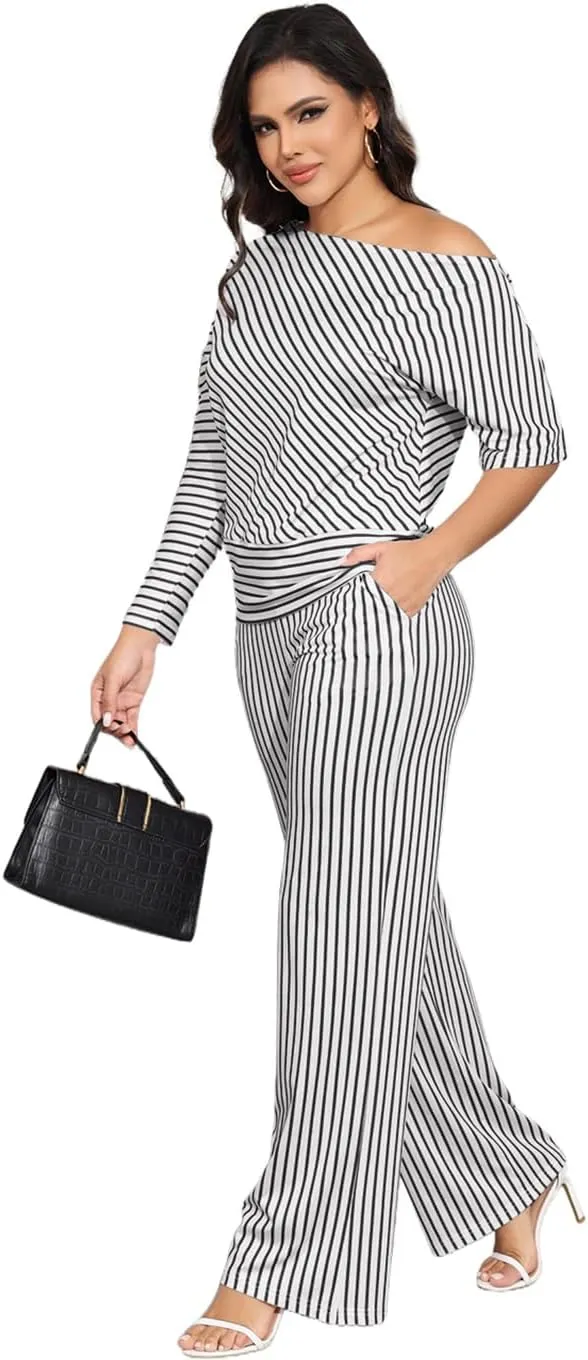 JTNFairy Two Piece Sets for Women 2025 Summer Plus Size Off-Shoulder Sexy 3/4 Sleeve Wide Leg Pants Vacation Travel Outfits