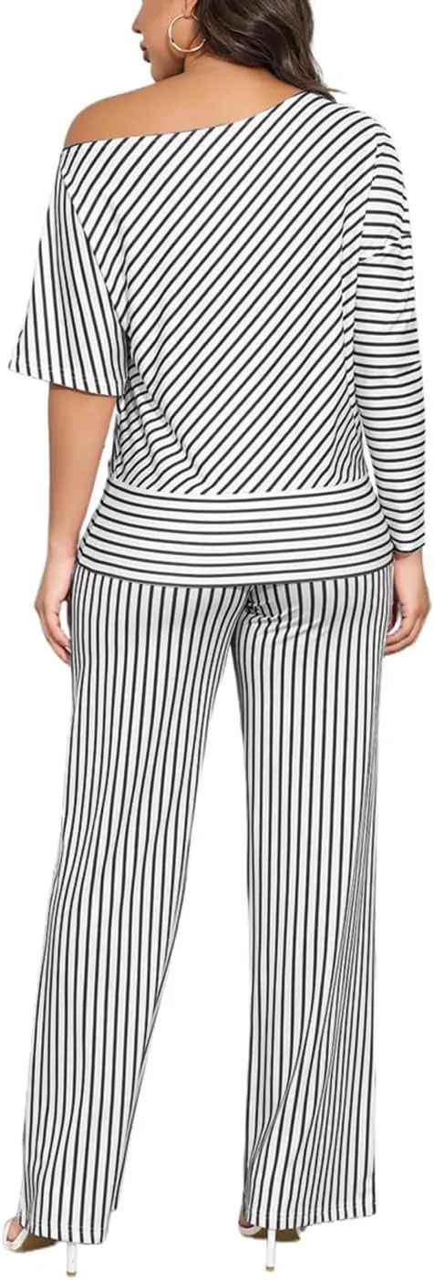 JTNFairy Two Piece Sets for Women 2025 Summer Plus Size Off-Shoulder Sexy 3/4 Sleeve Wide Leg Pants Vacation Travel Outfits