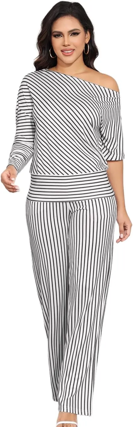 JTNFairy Two Piece Sets for Women 2025 Summer Plus Size Off-Shoulder Sexy 3/4 Sleeve Wide Leg Pants Vacation Travel Outfits