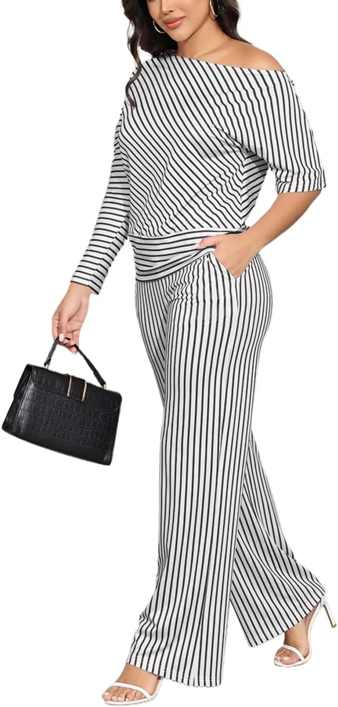 JTNFairy Two Piece Sets for Women 2025 Summer Plus Size Off-Shoulder Sexy 3/4 Sleeve Wide Leg Pants Vacation Travel Outfits