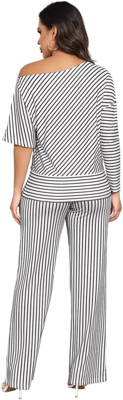 JTNFairy Two Piece Sets for Women 2025 Summer Plus Size Off-Shoulder Sexy 3/4 Sleeve Wide Leg Pants Vacation Travel Outfits