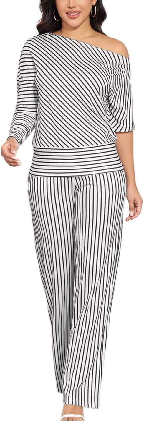 JTNFairy Two Piece Sets for Women 2025 Summer Plus Size Off-Shoulder Sexy 3/4 Sleeve Wide Leg Pants Vacation Travel Outfits