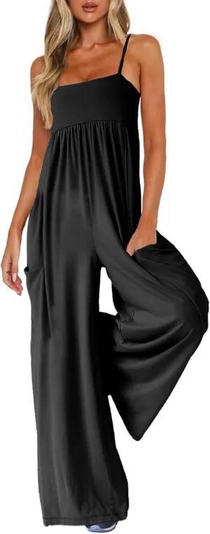 Jumpsuits for Women Spaghetti Strap Wide Leg One Piece Overalls Summer Rompers with Pockets Beach Vacation Casual