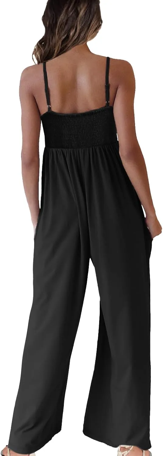 Jumpsuits for Women Spaghetti Strap Wide Leg One Piece Overalls Summer Rompers with Pockets Beach Vacation Casual