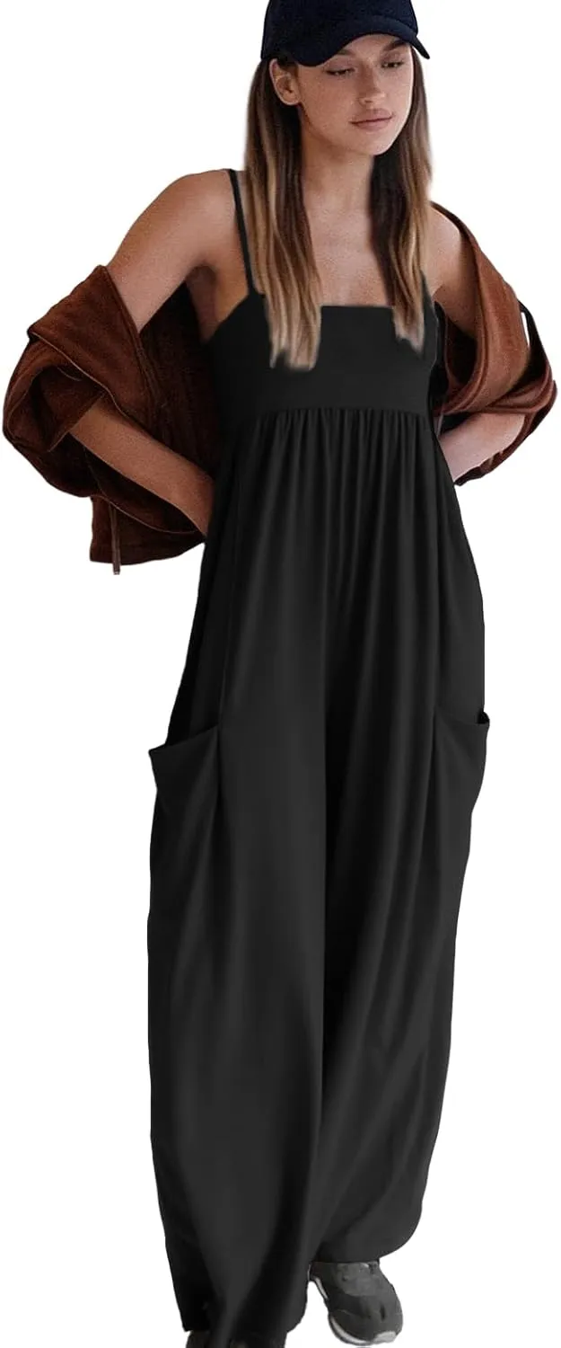 Jumpsuits for Women Spaghetti Strap Wide Leg One Piece Overalls Summer Rompers with Pockets Beach Vacation Casual
