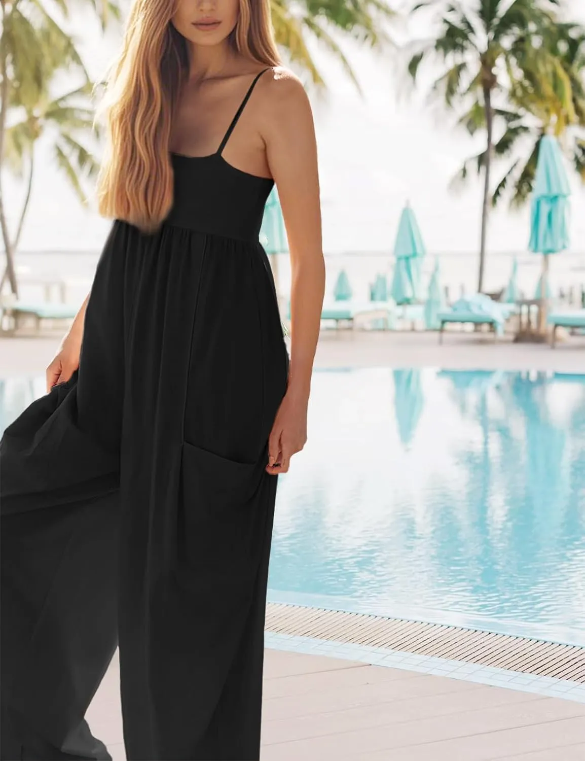 Jumpsuits for Women Spaghetti Strap Wide Leg One Piece Overalls Summer Rompers with Pockets Beach Vacation Casual