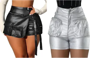 KANSOON Women Leather Shorts Metallic High Waisted Cargo Skort Rave Asymmetrical Skirt Skorts 2X