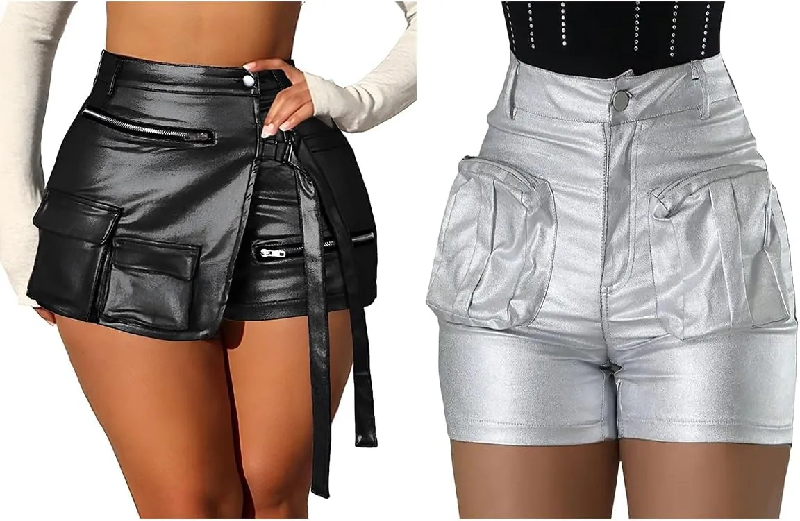 KANSOON Women Leather Shorts Metallic High Waisted Cargo Skort Rave Asymmetrical Skirt Skorts 2X