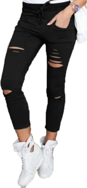 Kaxiya2021 Women's Cutout Ripped Skinny Leggings High Waist Drawstring Distressed Workout Stretchy Slim Trousers Yoga Pants