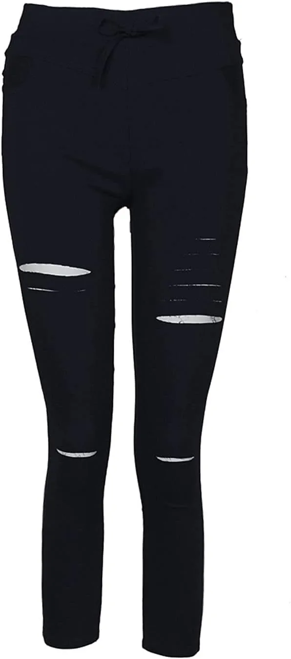 Kaxiya2021 Women's Cutout Ripped Skinny Leggings High Waist Drawstring Distressed Workout Stretchy Slim Trousers Yoga Pants