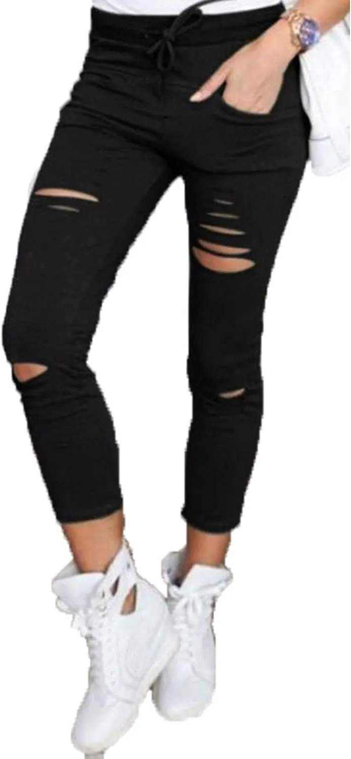 Kaxiya2021 Women's Cutout Ripped Skinny Leggings High Waist Drawstring Distressed Workout Stretchy Slim Trousers Yoga Pants