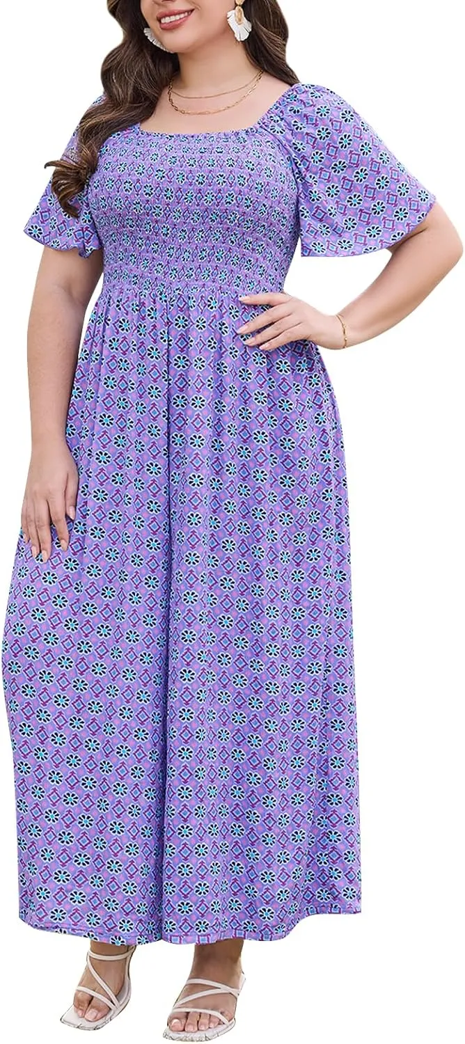 Keluummi Plus Size Wedding Guest Jumpsuits for Curvy Women, Summer Casual Floral Wide Leg Pants Empire Waist Rompers, Pockets