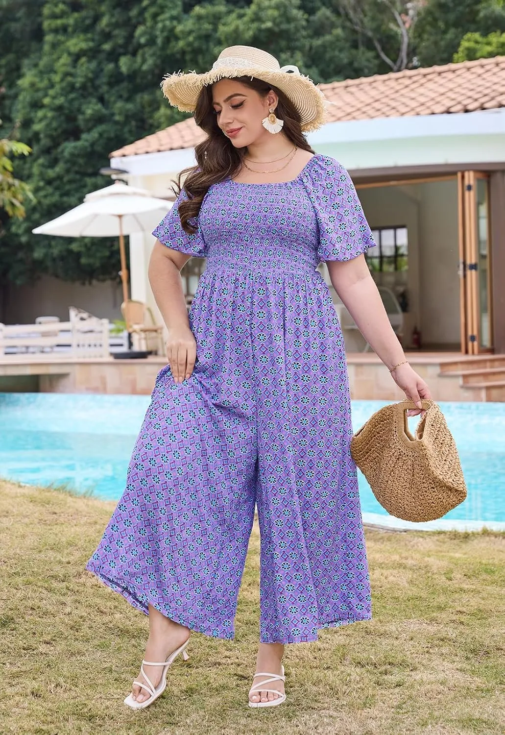 Keluummi Plus Size Wedding Guest Jumpsuits for Curvy Women, Summer Casual Floral Wide Leg Pants Empire Waist Rompers, Pockets