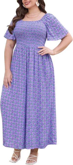 Keluummi Plus Size Wedding Guest Jumpsuits for Curvy Women, Summer Casual Floral Wide Leg Pants Empire Waist Rompers, Pockets