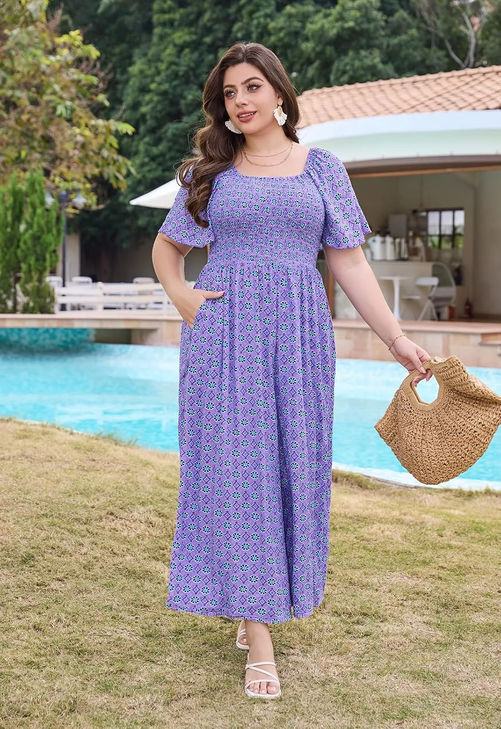 Keluummi Plus Size Wedding Guest Jumpsuits for Curvy Women, Summer Casual Floral Wide Leg Pants Empire Waist Rompers, Pockets