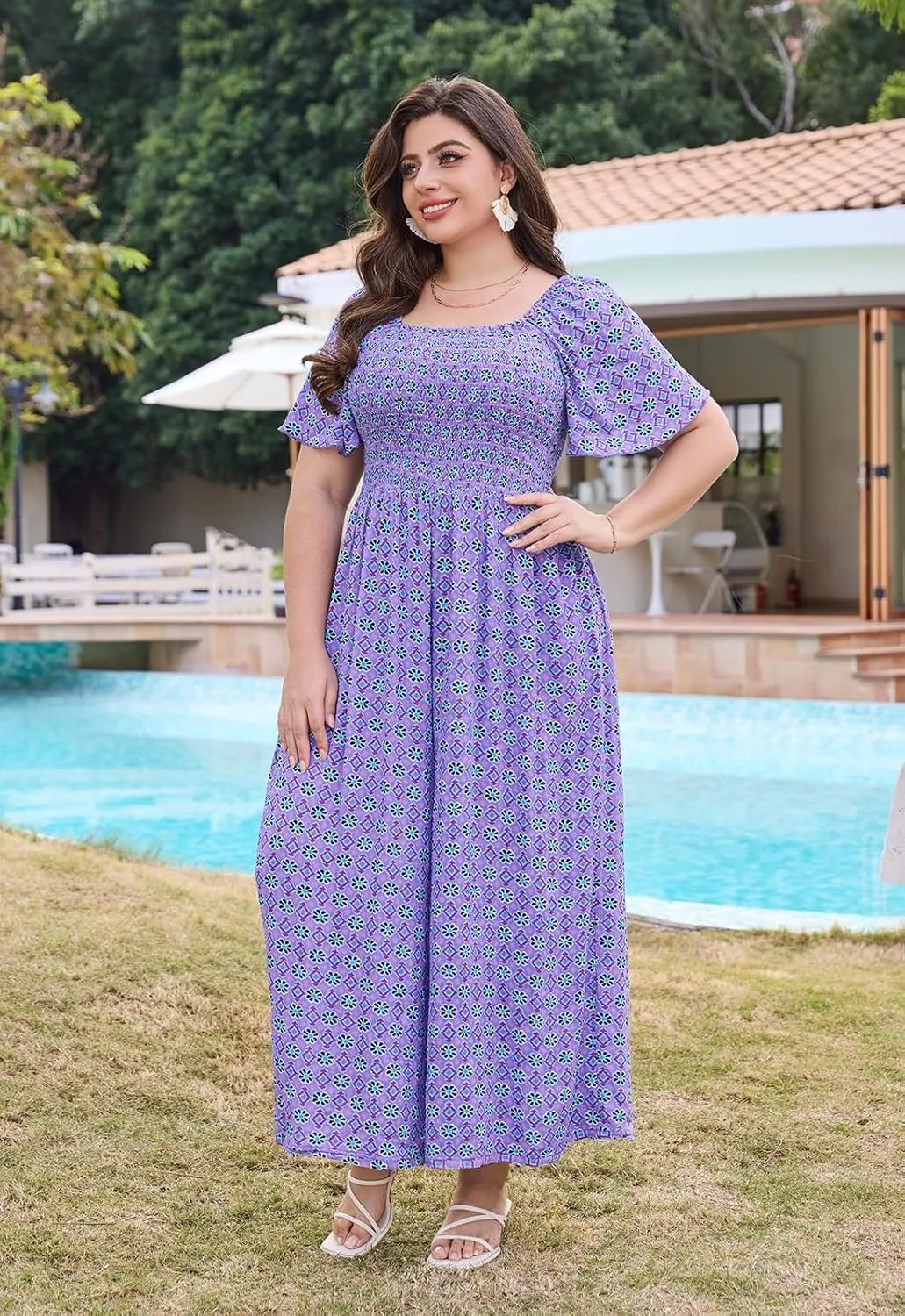 Keluummi Plus Size Wedding Guest Jumpsuits for Curvy Women, Summer Casual Floral Wide Leg Pants Empire Waist Rompers, Pockets