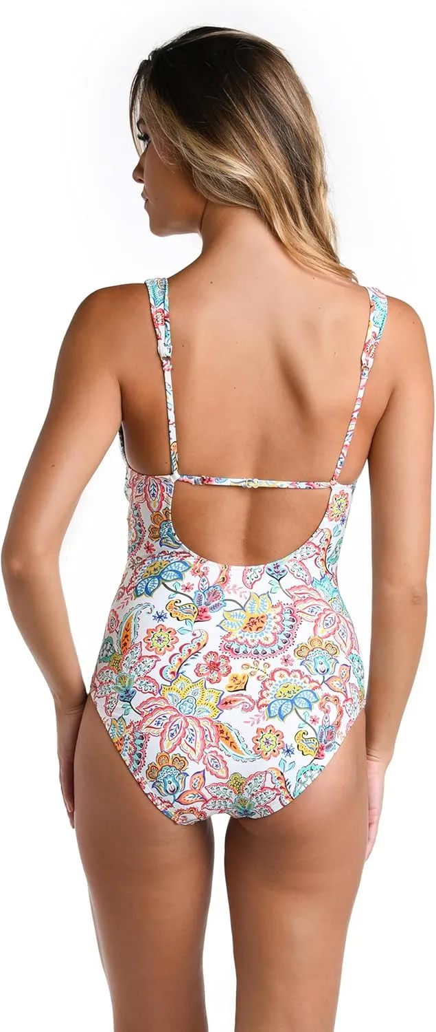 La Blanca Women's One Piece Swimsuit Cross Front Keyhole Island Goddess Bathing Suit