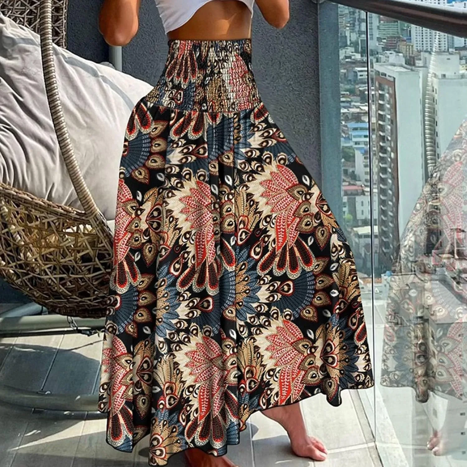 Ladies Boho Maxi Skirts Summer Beach Flowy Tiered High Waist A-Line Skirt Vintage Bohemian Mexico Vacation Outfits for Women