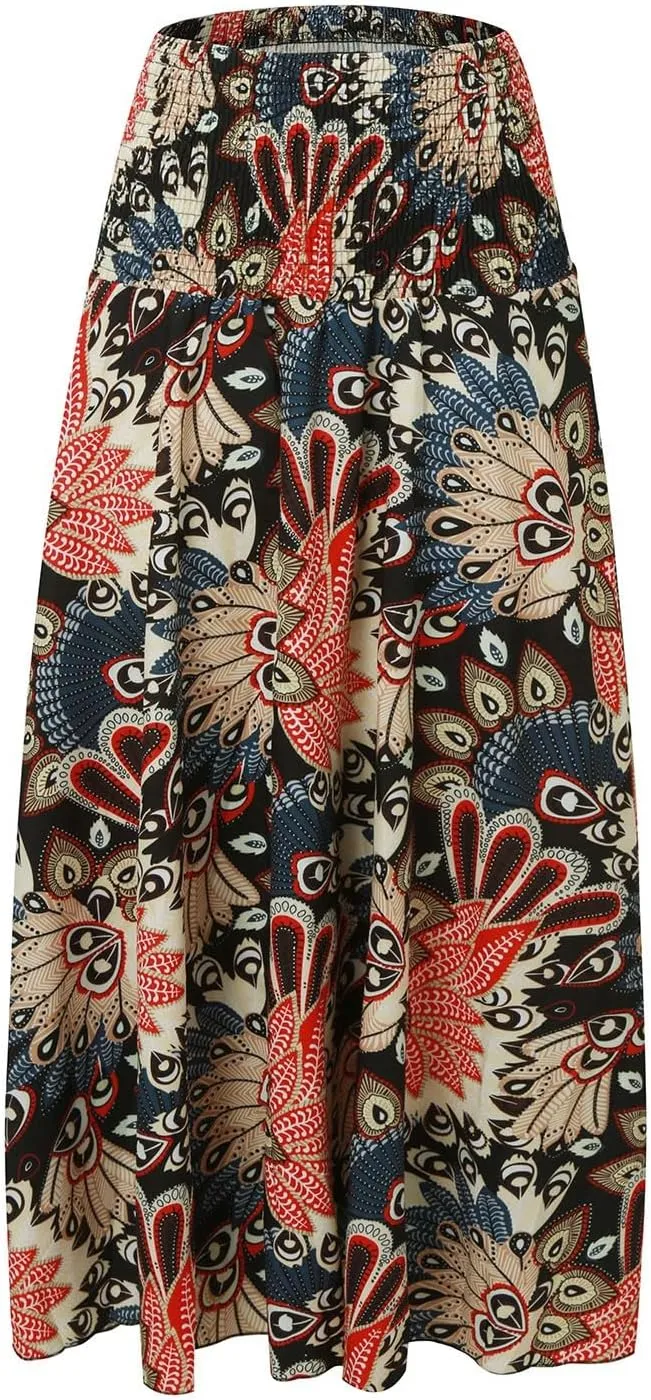 Ladies Boho Maxi Skirts Summer Beach Flowy Tiered High Waist A-Line Skirt Vintage Bohemian Mexico Vacation Outfits for Women