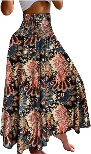 Ladies Boho Maxi Skirts Summer Beach Flowy Tiered High Waist A-Line Skirt Vintage Bohemian Mexico Vacation Outfits for Women