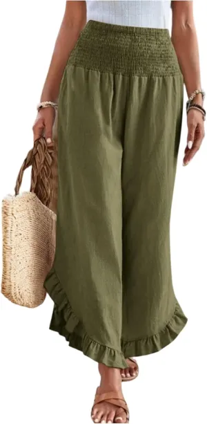 lcyhony Linen Pants Women Summer Palazzo Smocked Waist Ruffle Hem Wide Leg Pants Baggy Flowy Vacation Beach Pant with Pockets