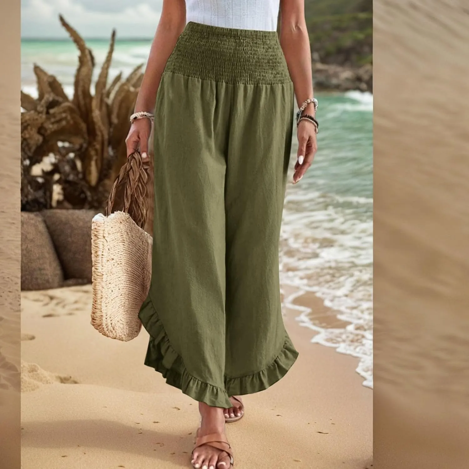 lcyhony Linen Pants Women Summer Palazzo Smocked Waist Ruffle Hem Wide Leg Pants Baggy Flowy Vacation Beach Pant with Pockets