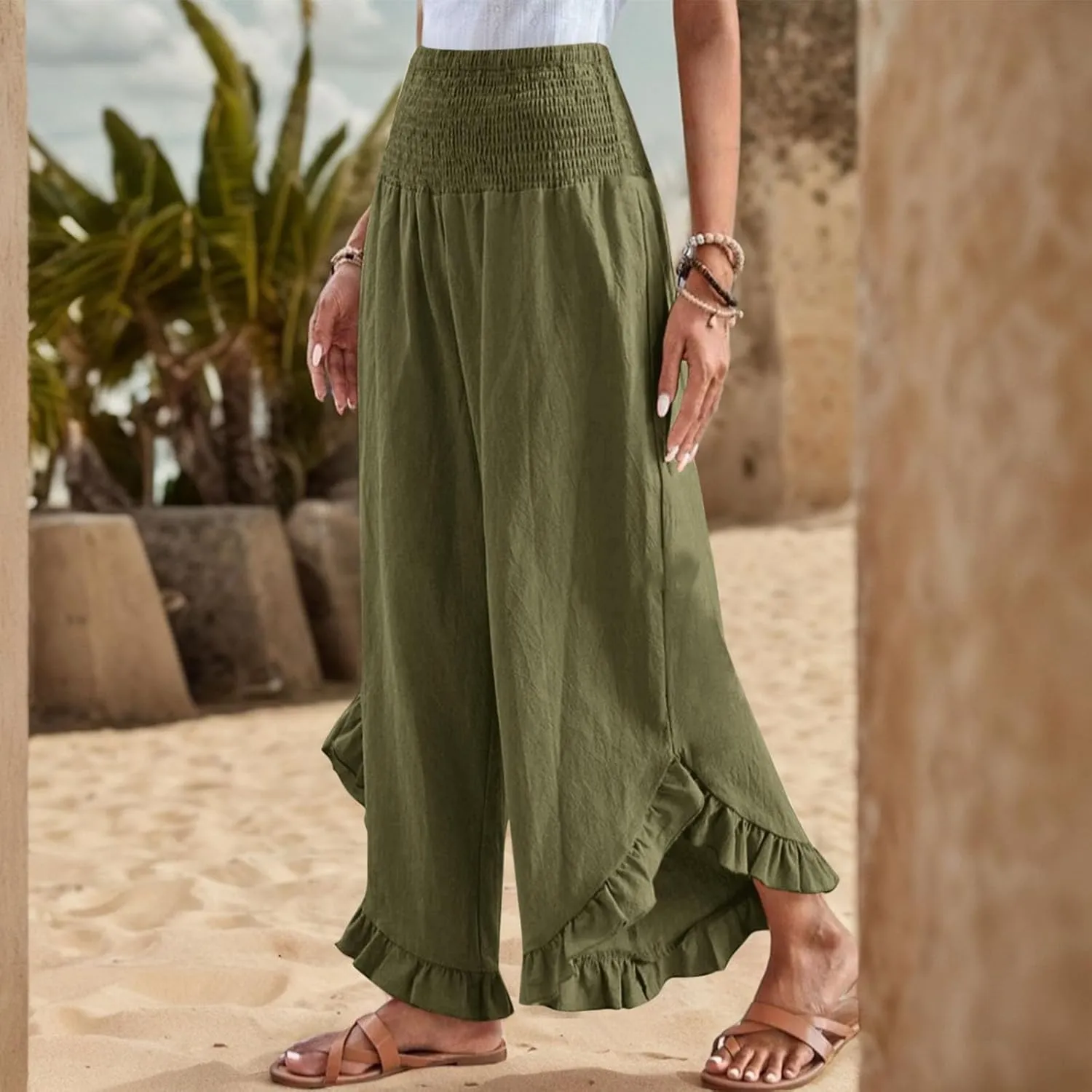 lcyhony Linen Pants Women Summer Palazzo Smocked Waist Ruffle Hem Wide Leg Pants Baggy Flowy Vacation Beach Pant with Pockets