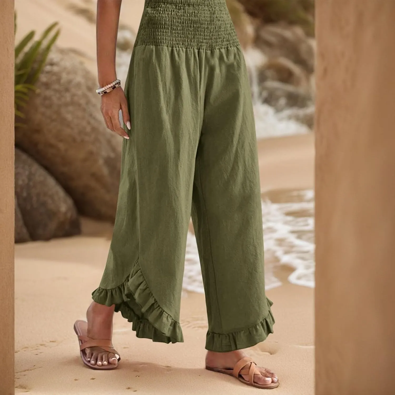 lcyhony Linen Pants Women Summer Palazzo Smocked Waist Ruffle Hem Wide Leg Pants Baggy Flowy Vacation Beach Pant with Pockets