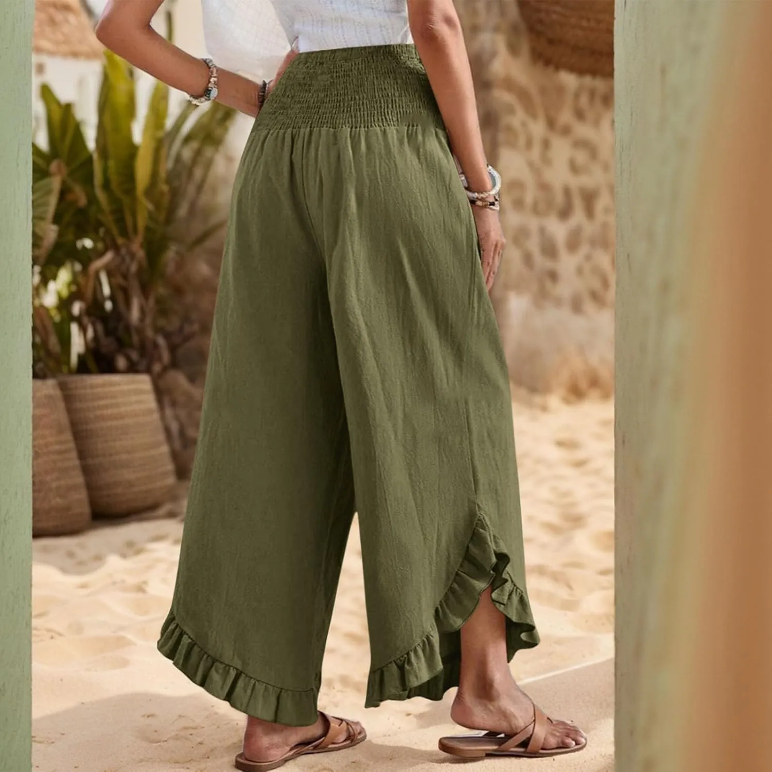 lcyhony Linen Pants Women Summer Palazzo Smocked Waist Ruffle Hem Wide Leg Pants Baggy Flowy Vacation Beach Pant with Pockets
