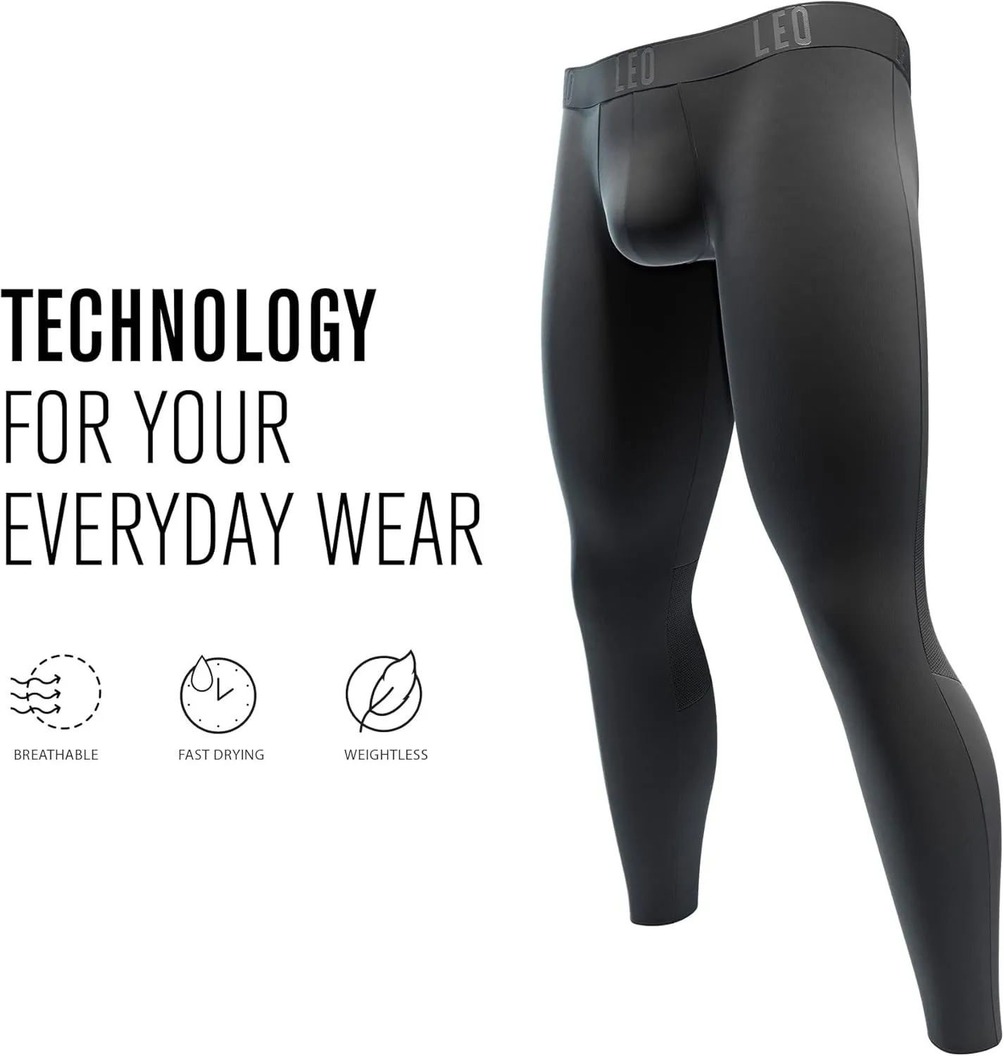 Leo Compression Pants for Men - Workout Leggings Tights Underwear Black