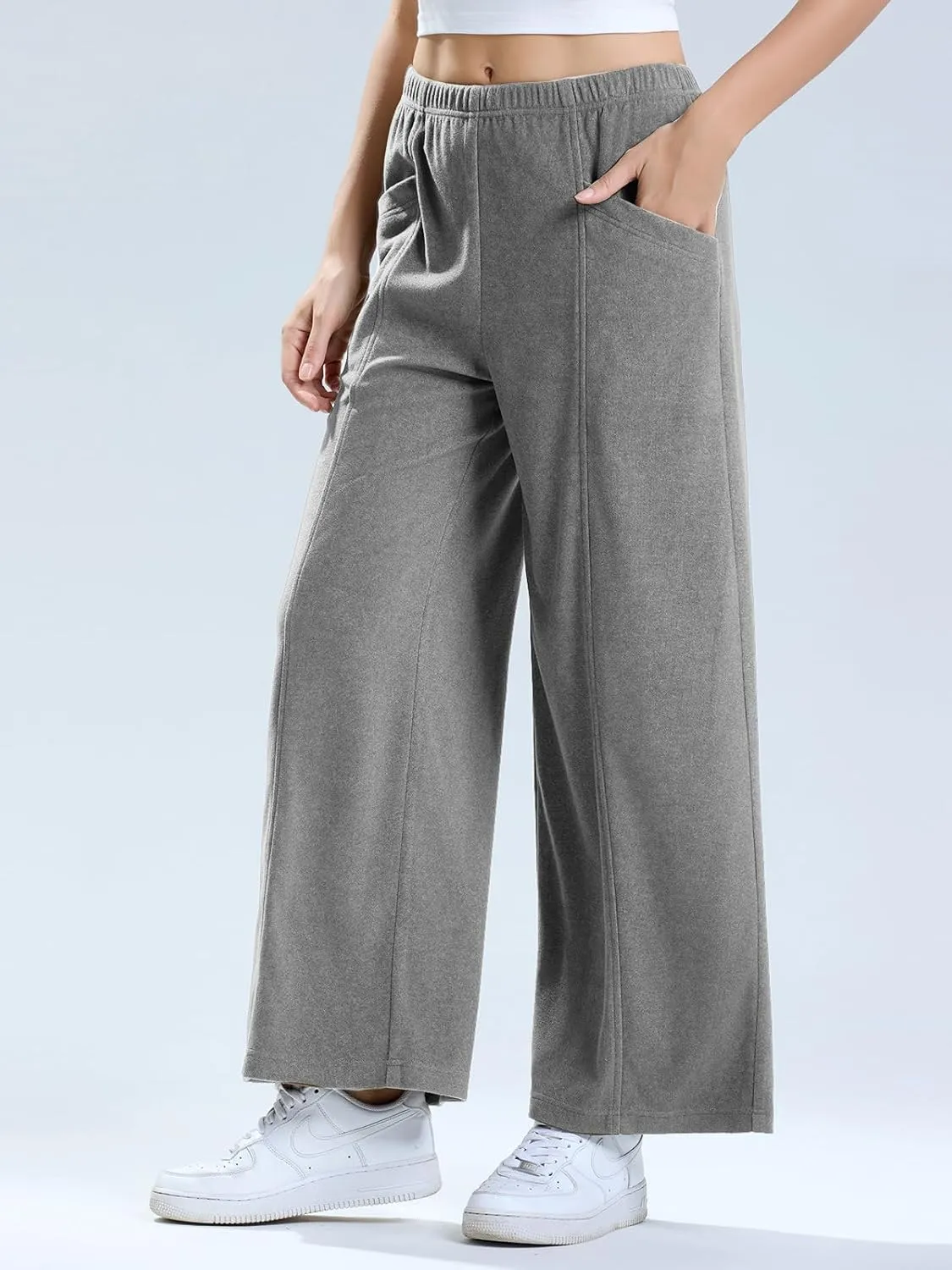 Les umes Womens Wide Leg Pants Elastic Waist Casual Slacks Trousers Loose Long Palazzo Pants with Pockets