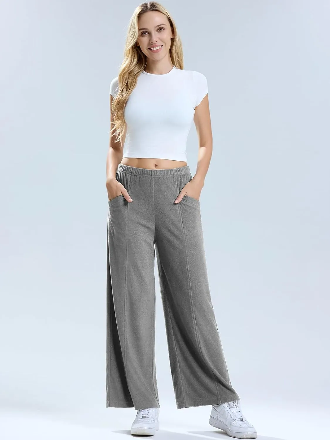 Les umes Womens Wide Leg Pants Elastic Waist Casual Slacks Trousers Loose Long Palazzo Pants with Pockets