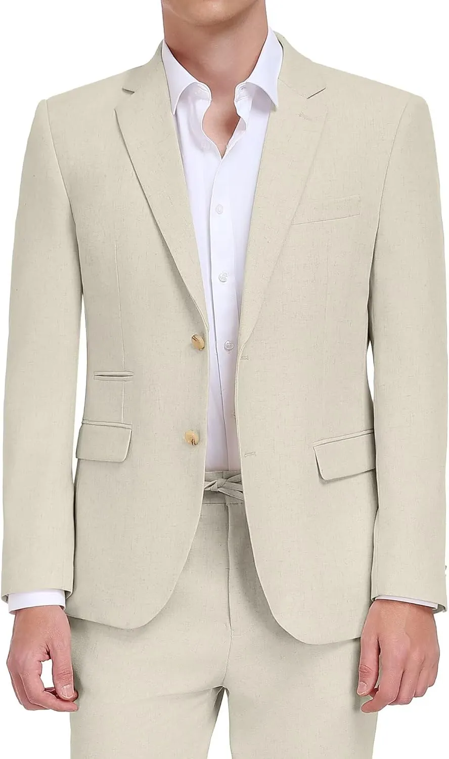 Linen Mens Suit 2 Piece Retro Suits for Men Slim Fit Blazer Jackets Drawstring Pants Set Tux Summer Beach Wedding Outfit