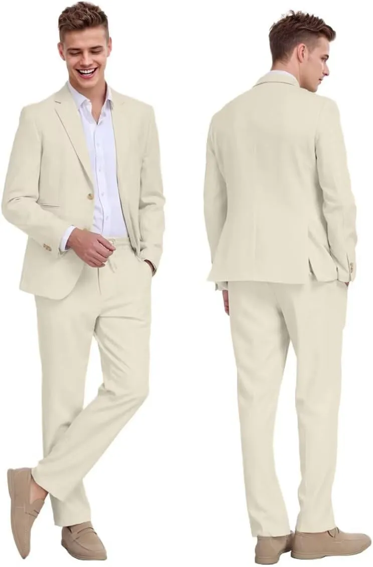 Linen Mens Suit 2 Piece Retro Suits for Men Slim Fit Blazer Jackets Drawstring Pants Set Tux Summer Beach Wedding Outfit